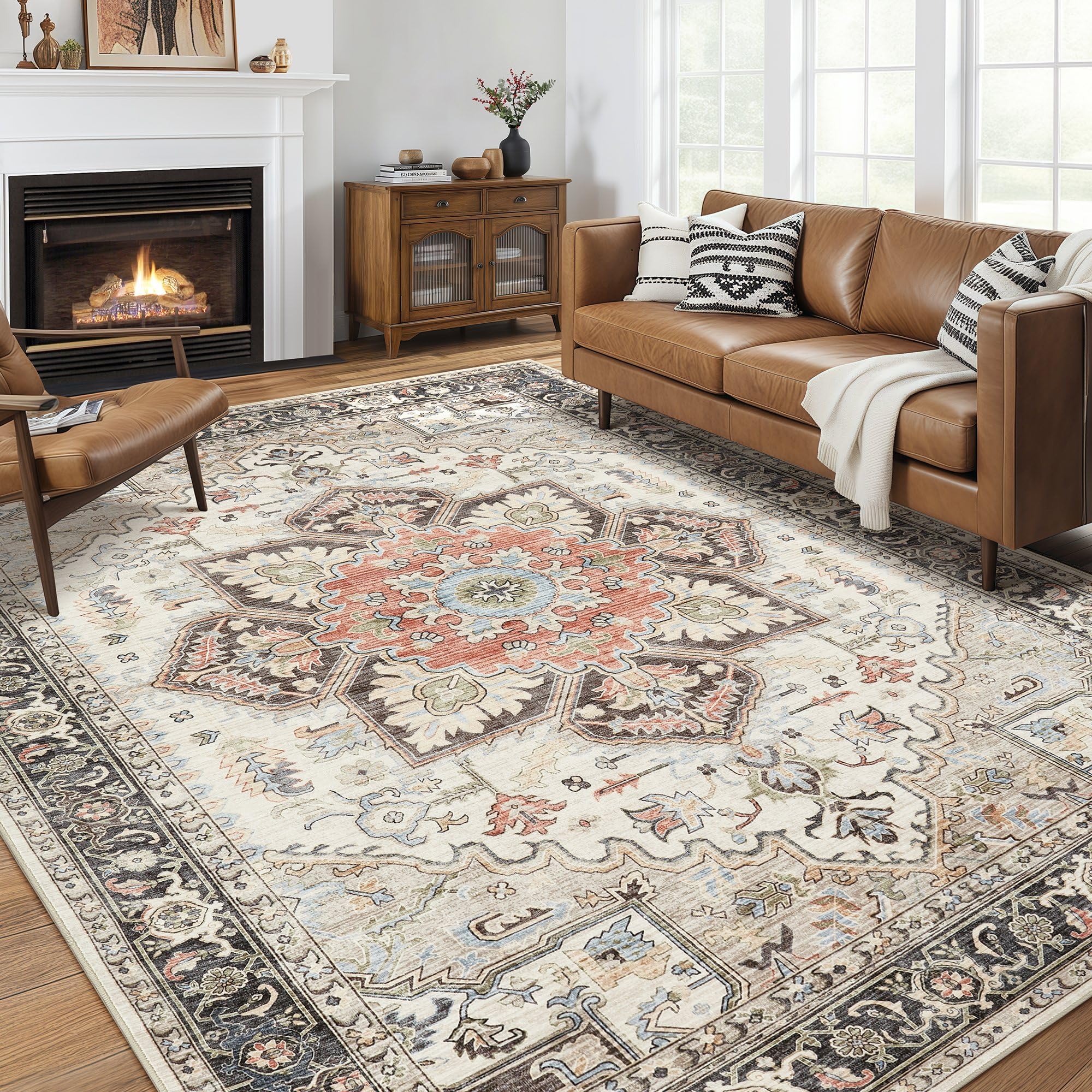Large Faded Rugs homewill Area Rug 9x12 for Living Room, Medallion Printed Ultra-Thin ...
