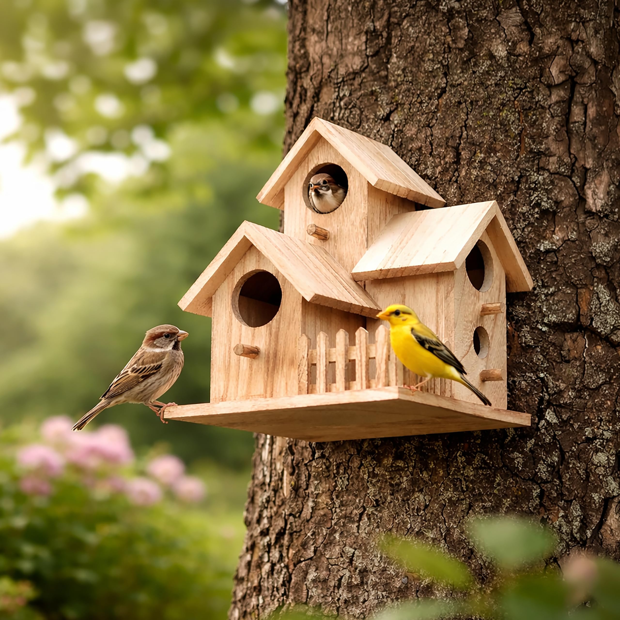 Garden Mile Large Hanging Wooden Bird House with Feeding Station Unique Natural Garden Outdoor Bird Nesting Box Triple Entrance Nest Box Bird Feeders Hanging Station for Wild Birds Gifts for Mum