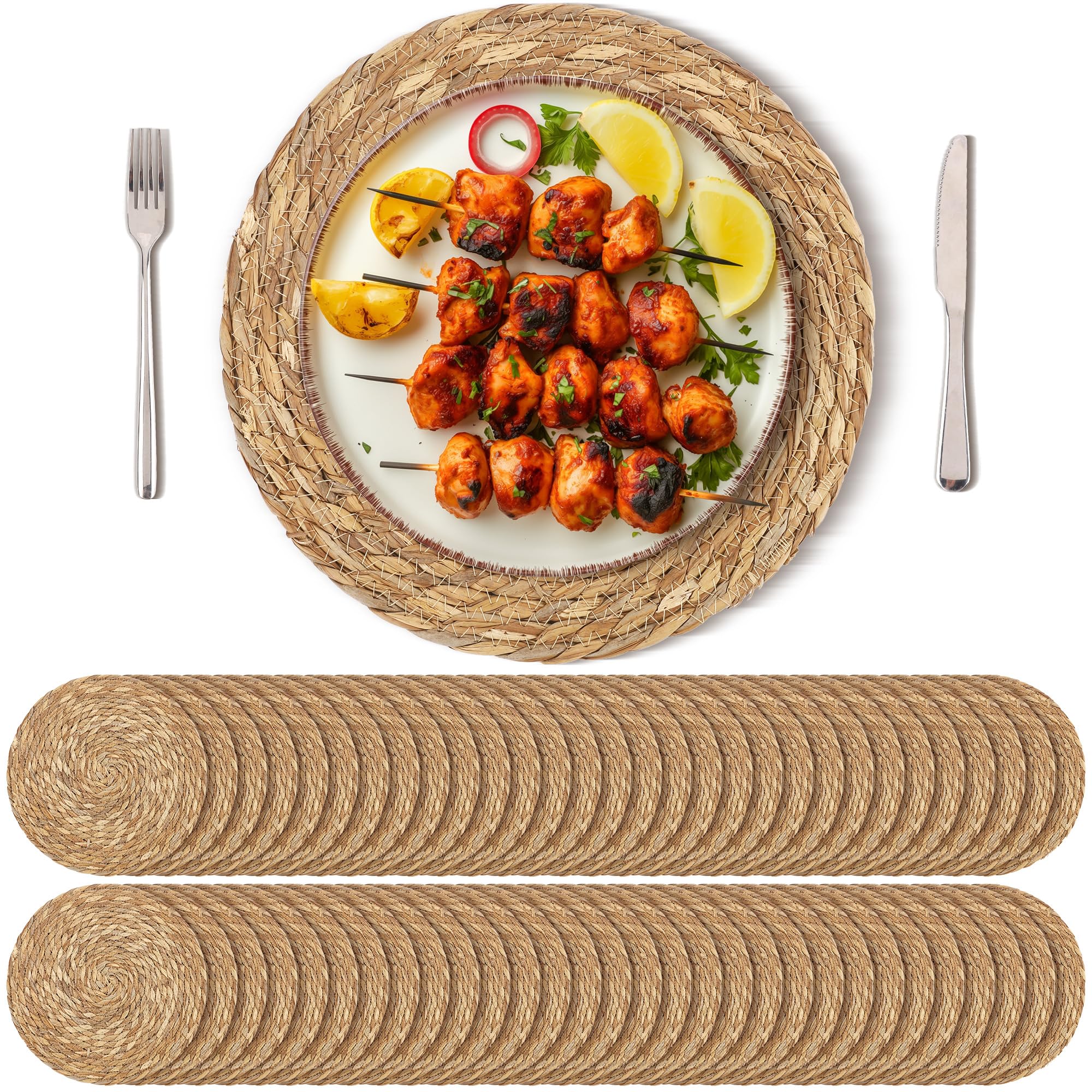 Photo 1 of 21 MATS ONLY Kochorie Set of 60 Round Woven Placemats 13.8 Inches Bulrush Placemats Natural Hand-Woven Boho Rattan Placemat Wicker Table Mats Farmhouse Weave Place Mats for Home Dining