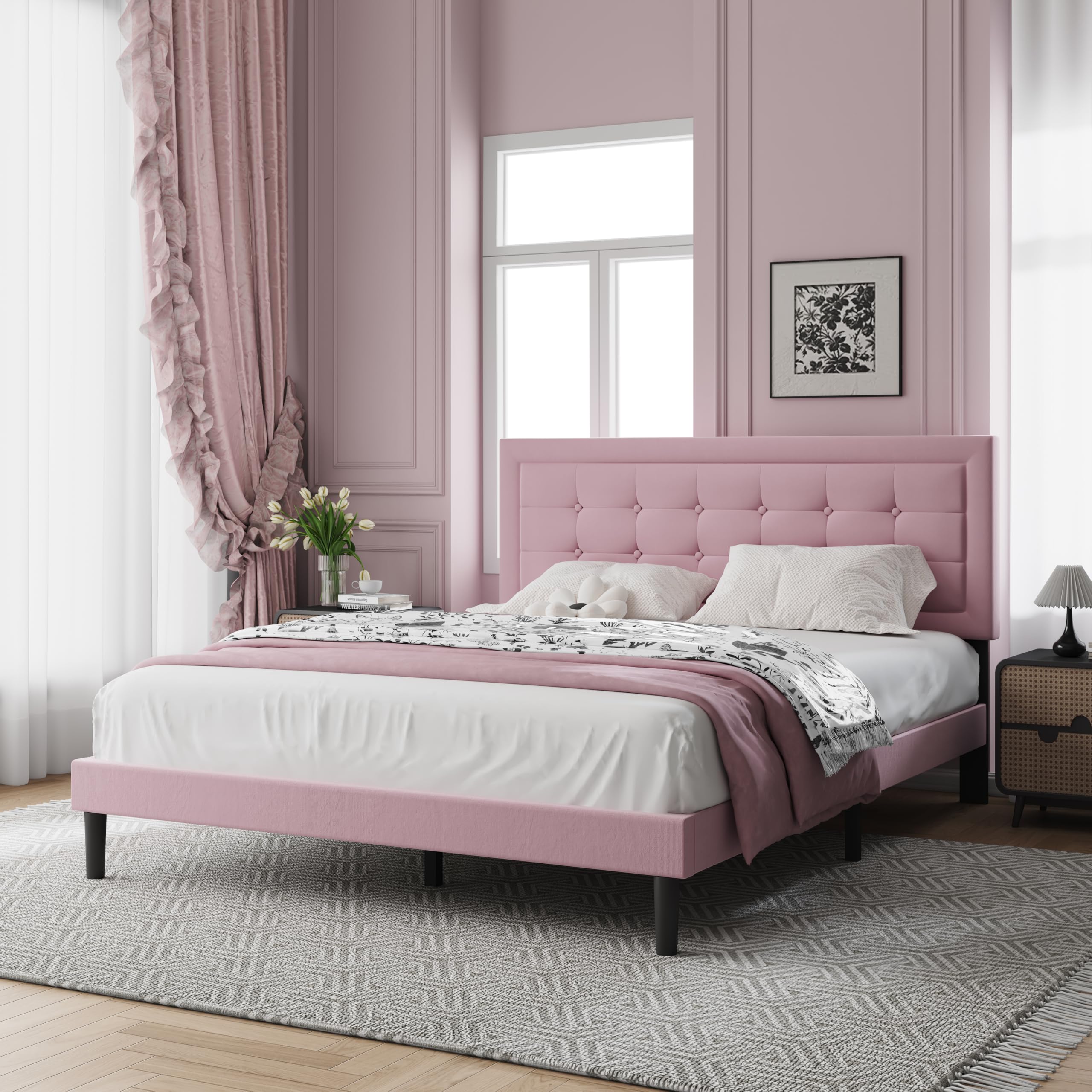 Photo 1 of **SCRAPES. DIRT**IOILORI Queen Size Upholstered Platform Bed, Queen Size Bed Frame with Tufted Button Headboard, Sturdy Frame Wooden Slats, No Spring Mattress Required, Noiseless, Easy to Assemble, Pink