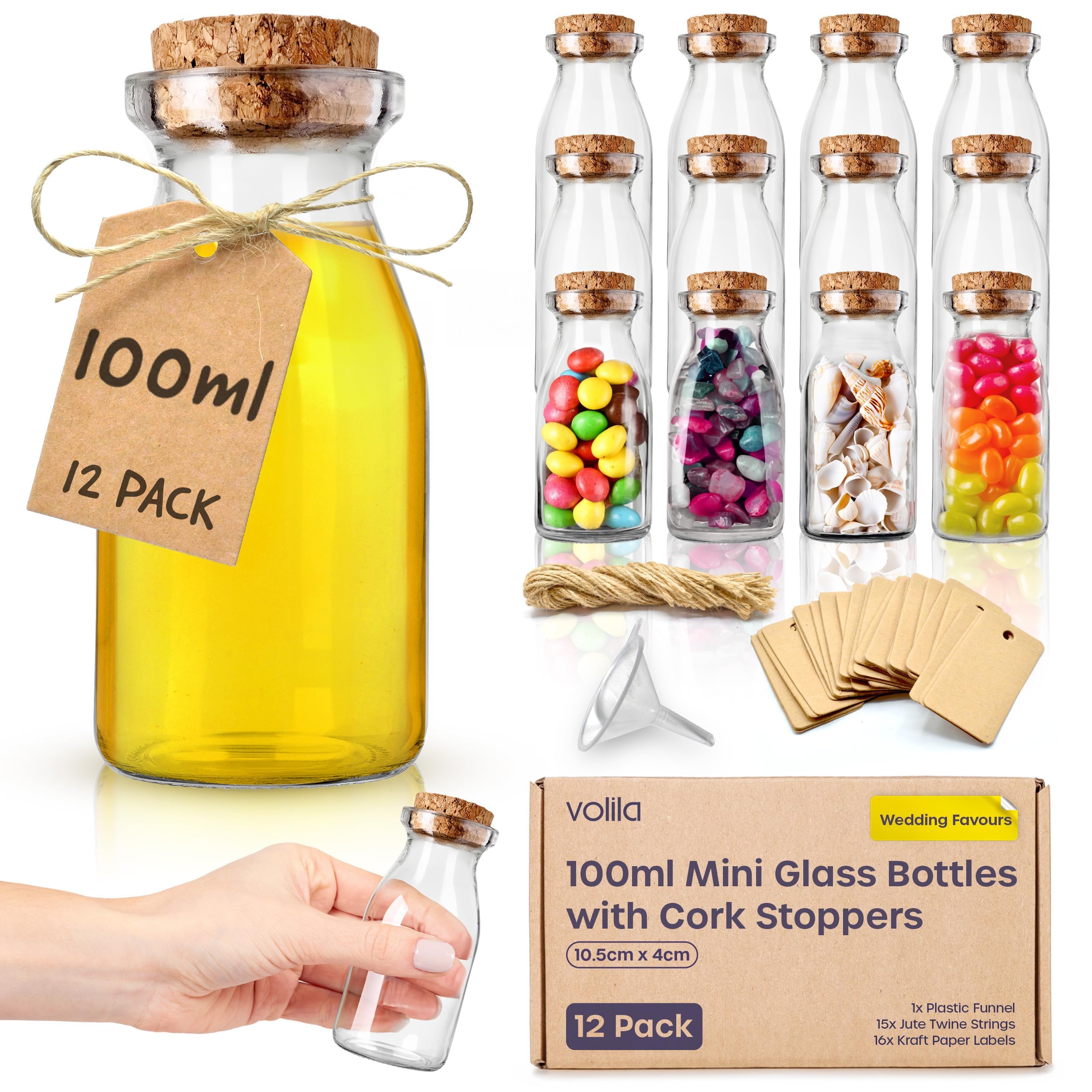 Volila Mini Glass Jars (100ml/3.4oz) with Cork Lids - Wedding & Party Favours (Set of 12) with Funnel & Labels