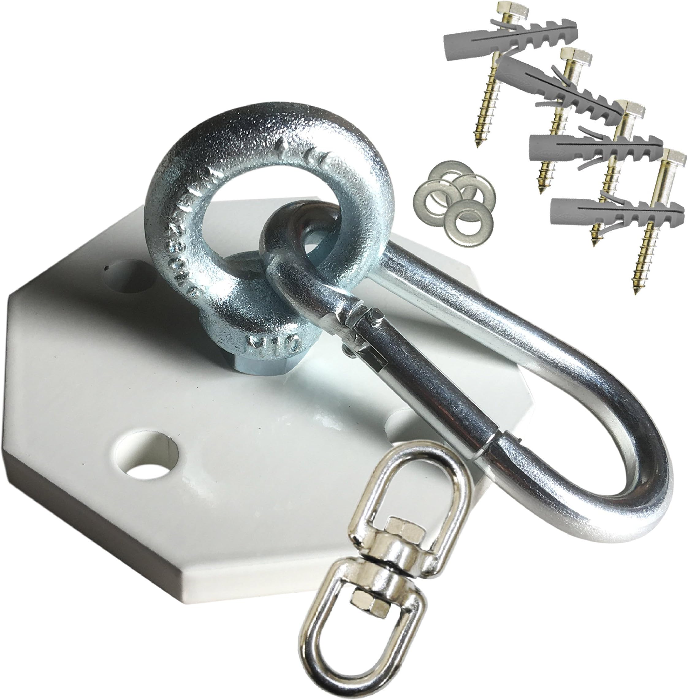 'The Octagon Professional Punching Bag Holder in White with Stainless Steel Snap Hook, Zinc Plated Screw Eye Screws Anchors and Swivel