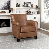 Lexicon Top Grain Genuine Leather Chair, Rolled Armrest, Brown | Living Room Leather Accent Chair, Solid Wood Frame, Nailhead Trim, Comfy Reading Chair for Bedroom, Office