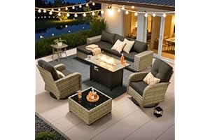 ovios 9 Pieces Patio Furniture Set Outdoor Sectional Sofa Couch with Fire Pit Table Rocking Swivel Chairs Deep Seat Chaise, Modern Modular Wicker Rattan Conversation Set, Black