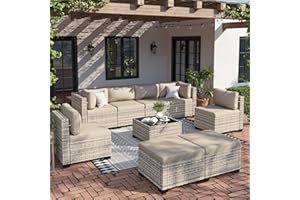 Sweecci 9-Piece Patio Furniture Set, Outdoor with Ottomans, Modular Patio Sofa, Dual-Strand Wicker Rattan, Rust-Resistant Frame, Backyard Furniture for Garden, Deck, Khaki