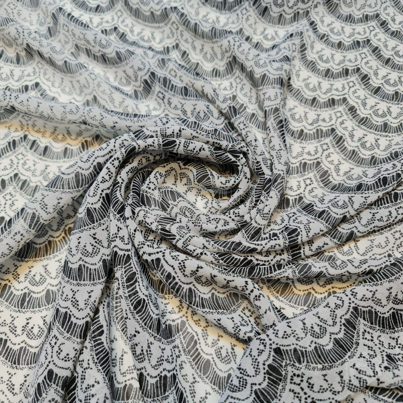 Black White Floral Printed Poly Crepe Dress Drape Craft Fabric 58" (Pre Cut 1 Meter)