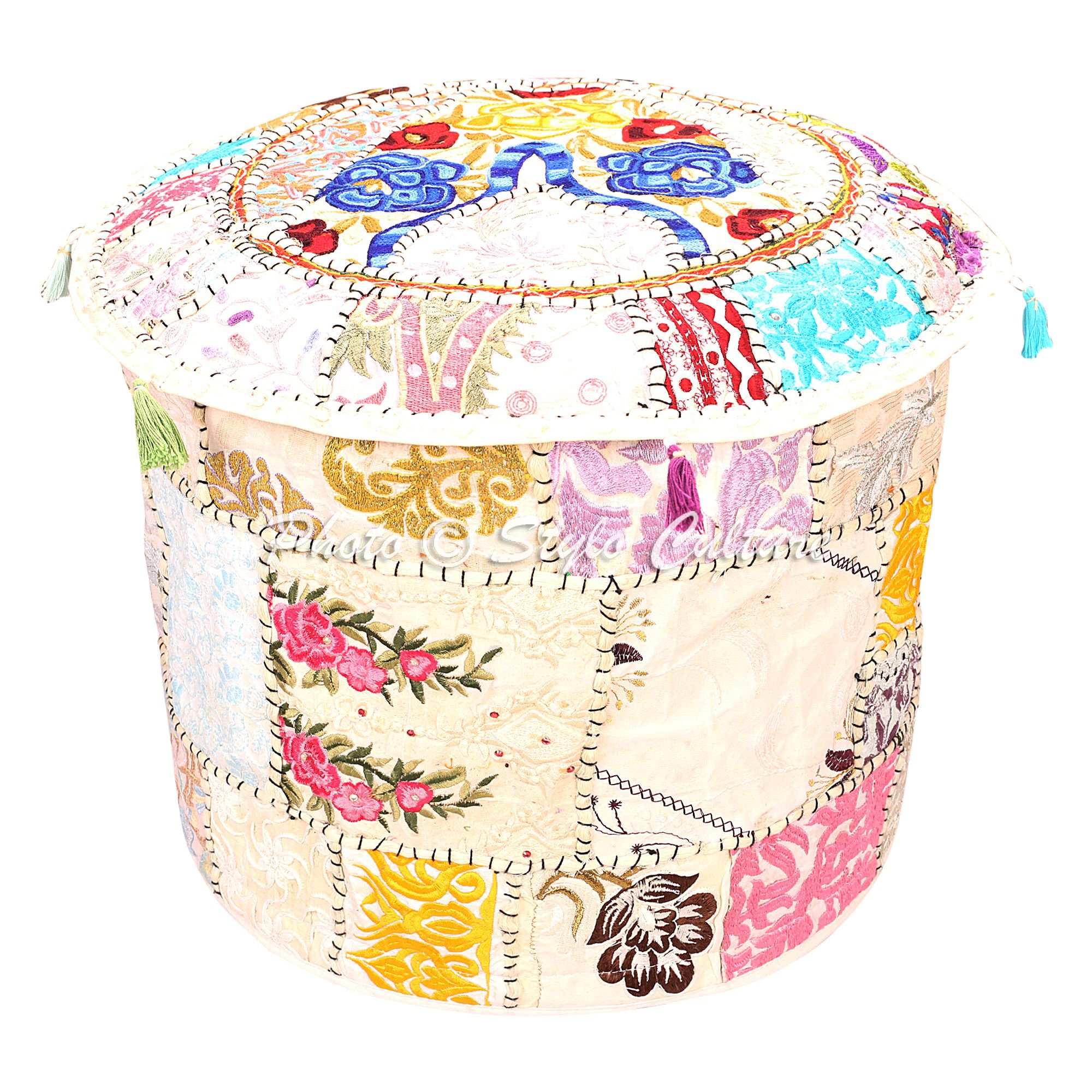 Stylo Culture Ottoman Pouffe Footstool Cover Vintage White Indian Embroidered Patchwork Cotton Traditional Round Fabric Pouf Ottoman Cover (18x18x13 Inch) 45cm (COVER ONLY)