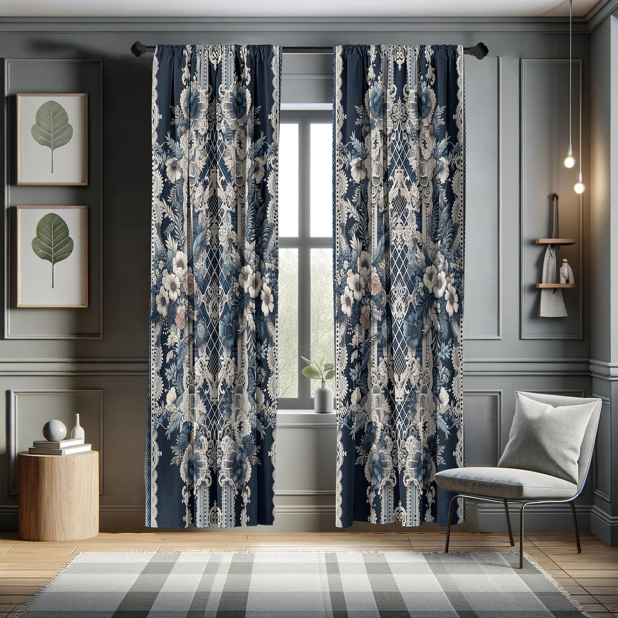 ABAKUHAUS Victorian Curtains, Cold Tone Lace Pattern with Floral Curlicue Leaves Baroque Tile Art, Window Treatments 2 Panel Set for Living Room Bedroom, 150x225 cm, Dark Violet Blue Coconut