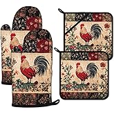 Rustic Rooster Oven Mitts and Pot Holders Sets Heat Resistant 4Pcs Potholders Oven Gloves Hot Pads for Kitchen Baking Cooking Grilling BBQ