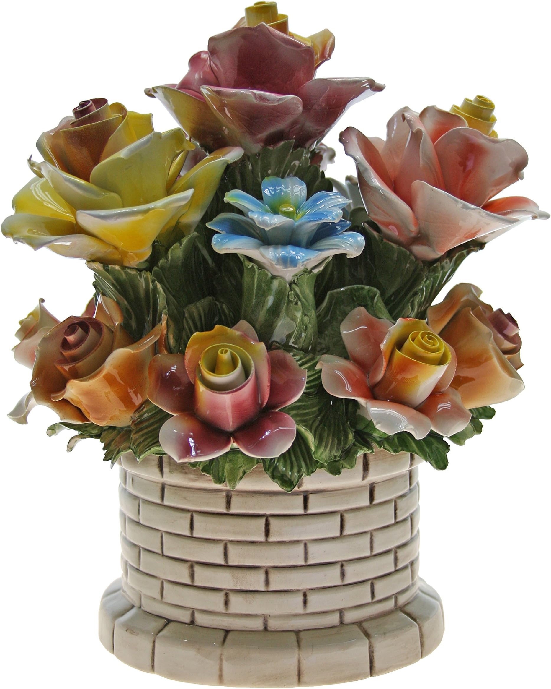 Capodimonte Authentic Handmade Italian Rose Floral Bouquet in Brick Base