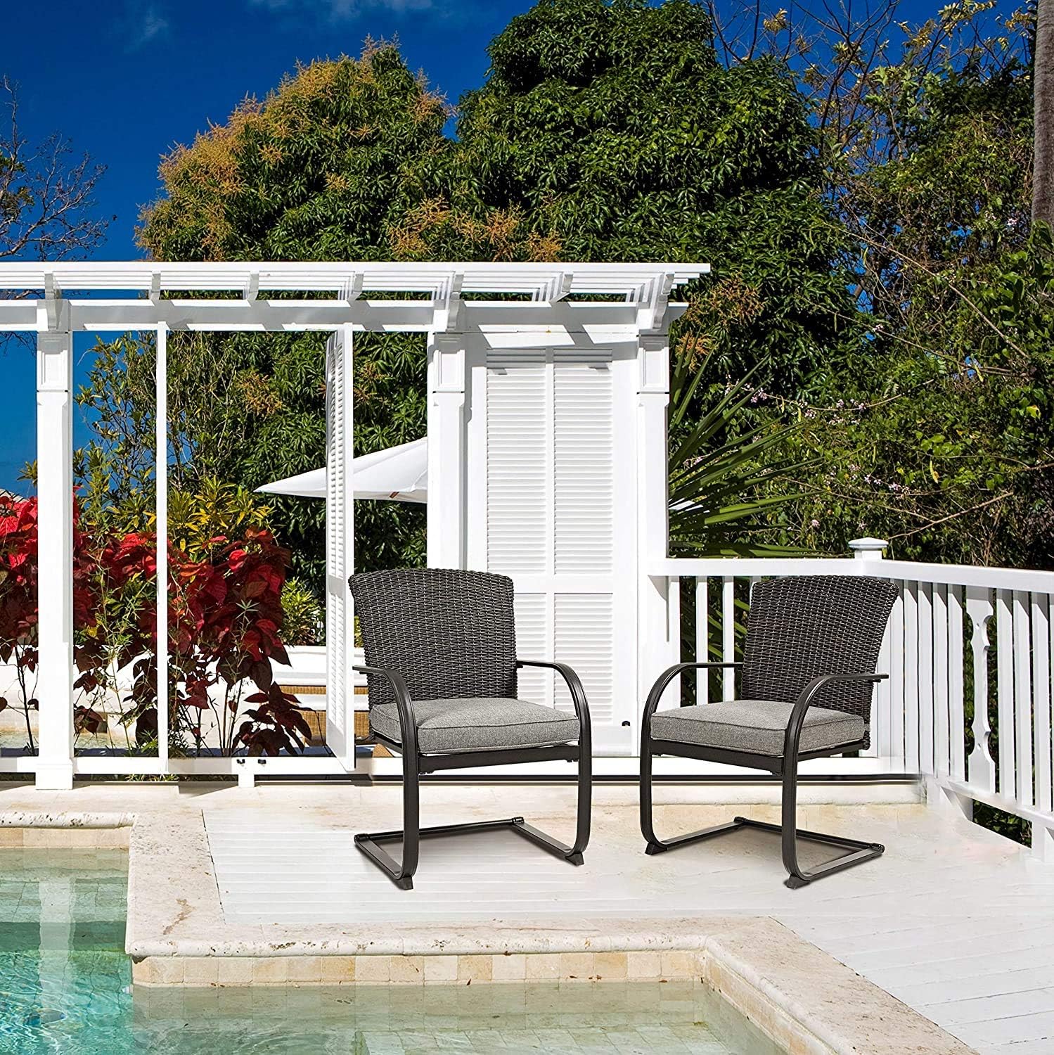 Amazon Com Grand Patio Outdoor Patio Spring Motion Wicker Ding Chair All Weather Furniture Chairs With Grey Cushion Set Of 2 Kitchen Dining