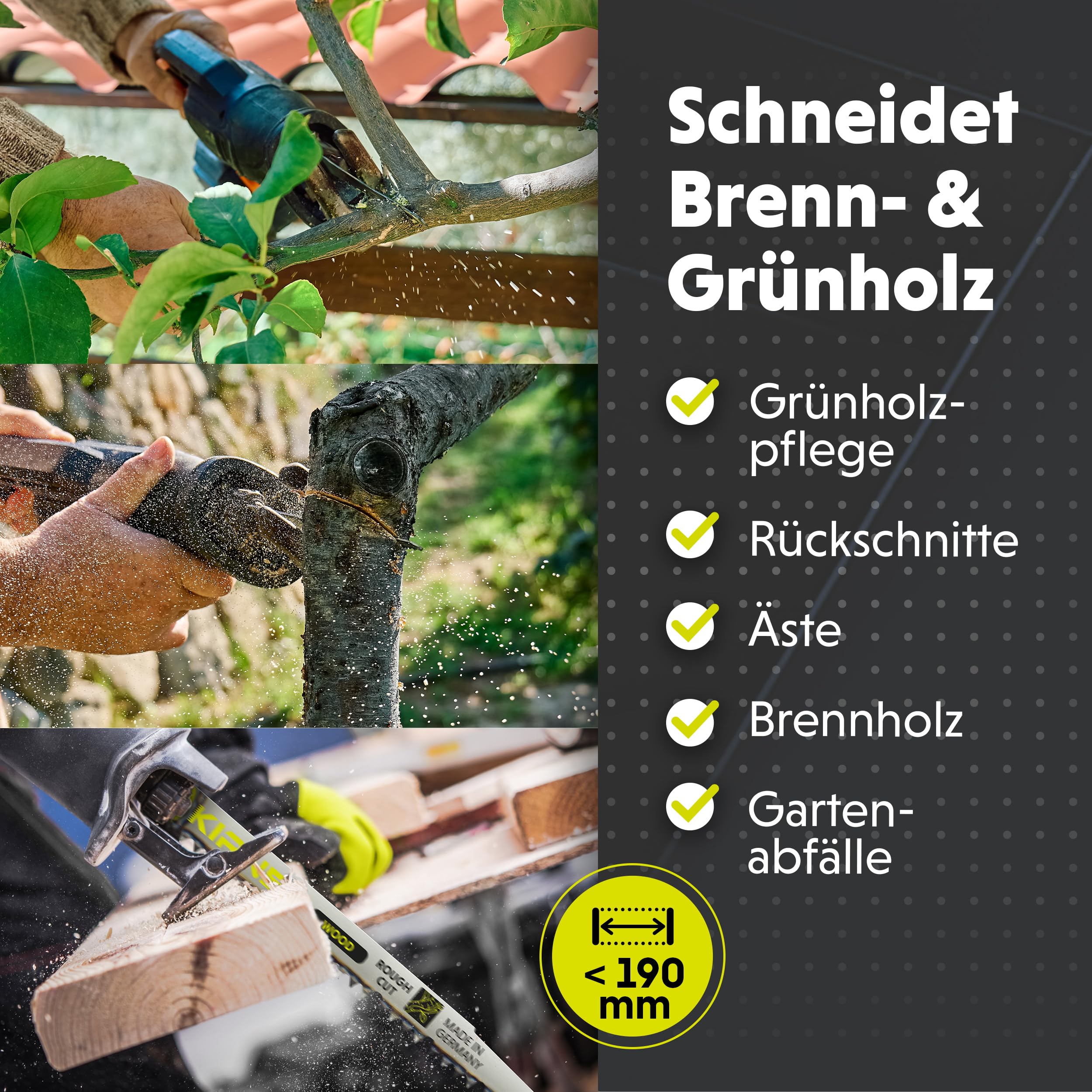 KIRNER Säbelsägeblätter Grünholz & Äste 240mm [ Extrem Scharf & Langlebig ] 10er Pack Sägeblätter Säbelsäge für die Gartenarbeit - Reciprosägeblätter mit Universalaufnahme bis zu 190mm 6