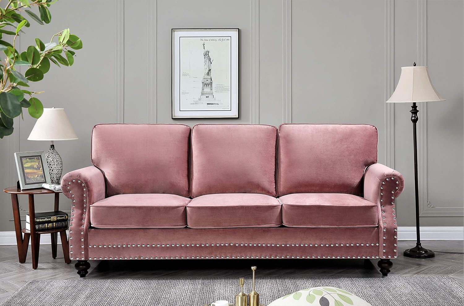 Container Furniture Direct Lotus Mid Century Modern Velvet Upholstered Living Room Rolled Arms, Sofa and Loveseat, Rose: Furniture & Decor