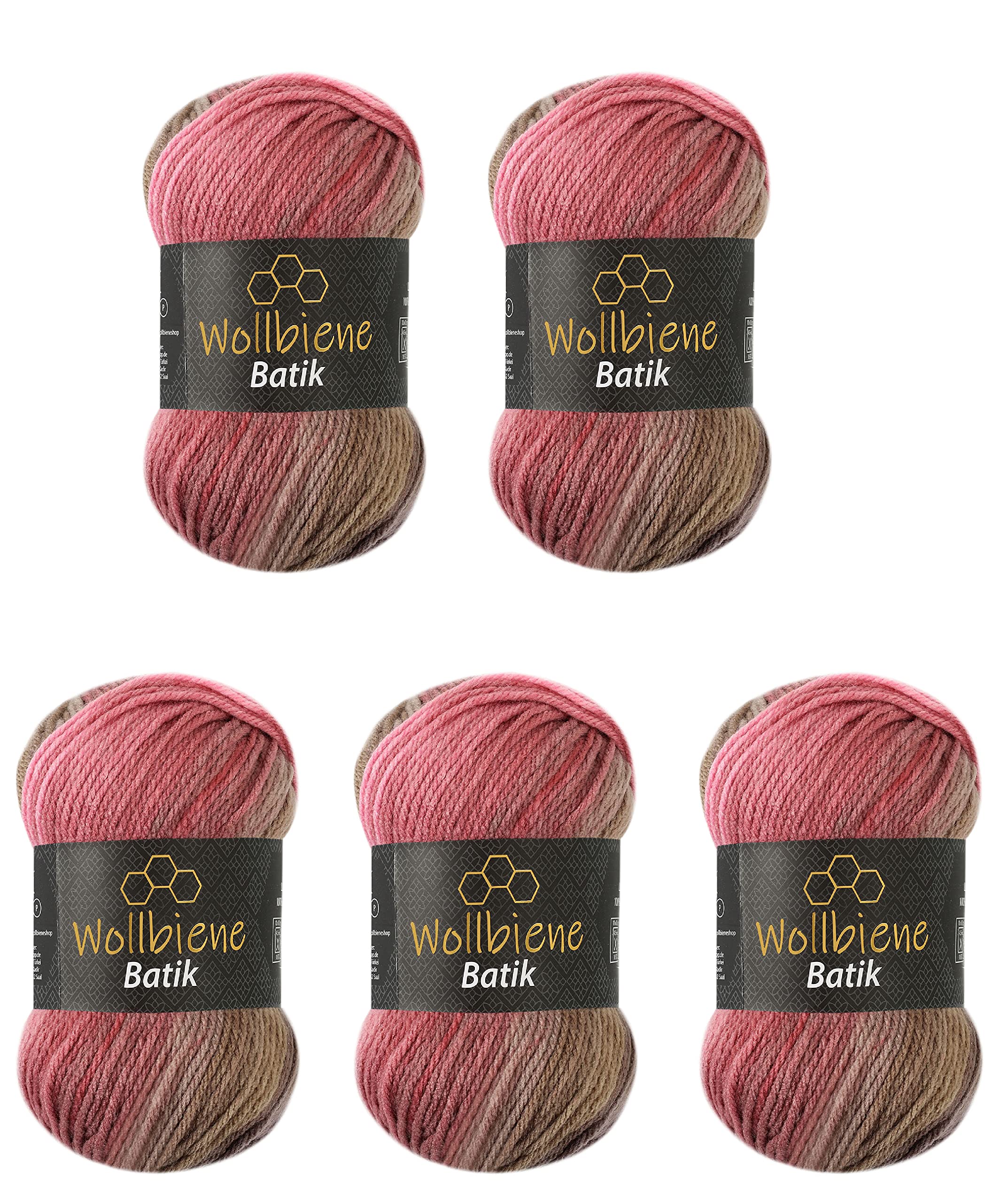 5 x 100 g Wollbiene Batik, 500 g Wool with Colour Gradient, Multicoloured Knitting Wool, Crochet Wool (5050 Brown, Berry, Pink) — image 1