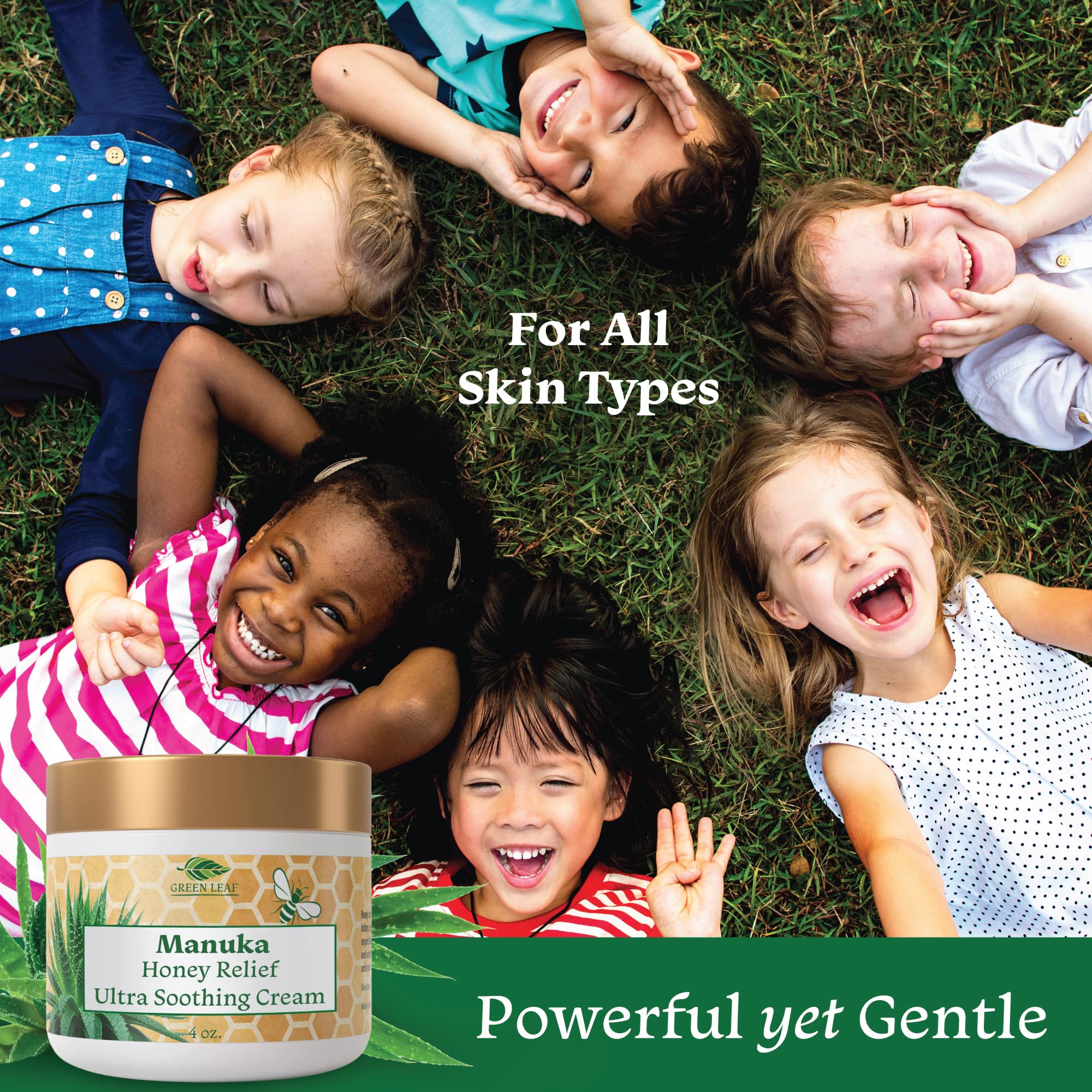 Green Leaf Naturals Manuka Honey Face Cream - 4oz -Aloe Vera - Jojoba Oil Infused - Body Cream - Gluten Free Moisturizer for Kids & Adults - Nourishing Skin Care