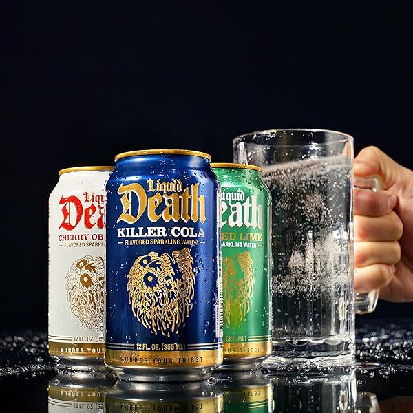 LIQUID DEATH SODA-FLAVORED SPARKLING WATER – CHERRY OBITUARY, LESS SUGAR*, HUGE FLAVOR, NO CAFFEINE, NO ARTIFICIAL SWEETENERS, 12 FL OZ (PACK OF 12)