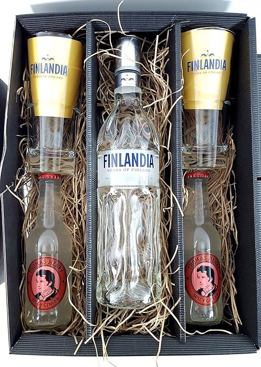 Finlandia Set/Geschenkset – Finlandia Vodka of Finland 1L (40% Vol) + 2x Gläser 2/4cl geeicht + 2x Thomas Henry Spicy Ginger 
