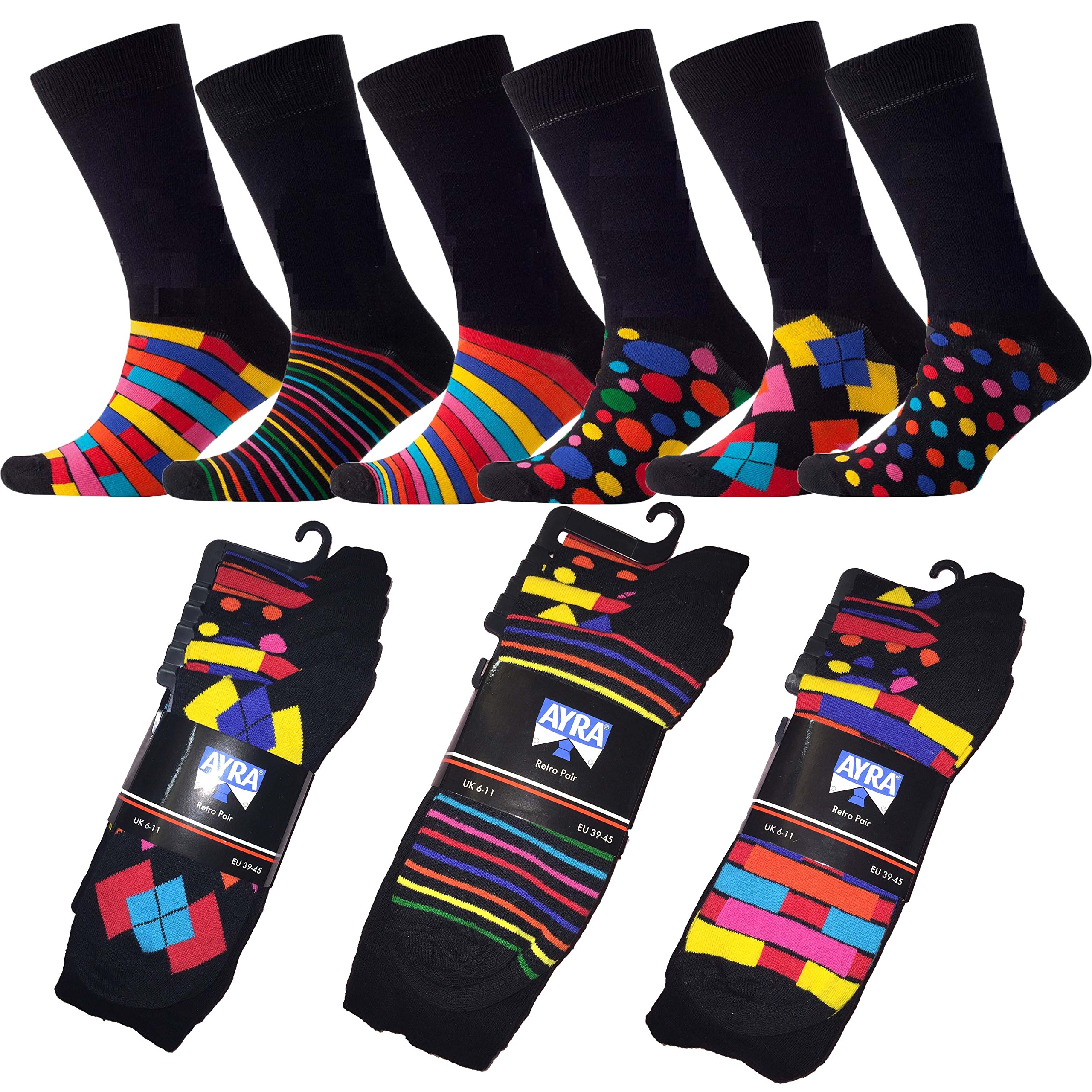 Ayra - 6 Pairs of Mens Retro Odd Stripes and Spots Socks 6-11 Black with mixed tip
