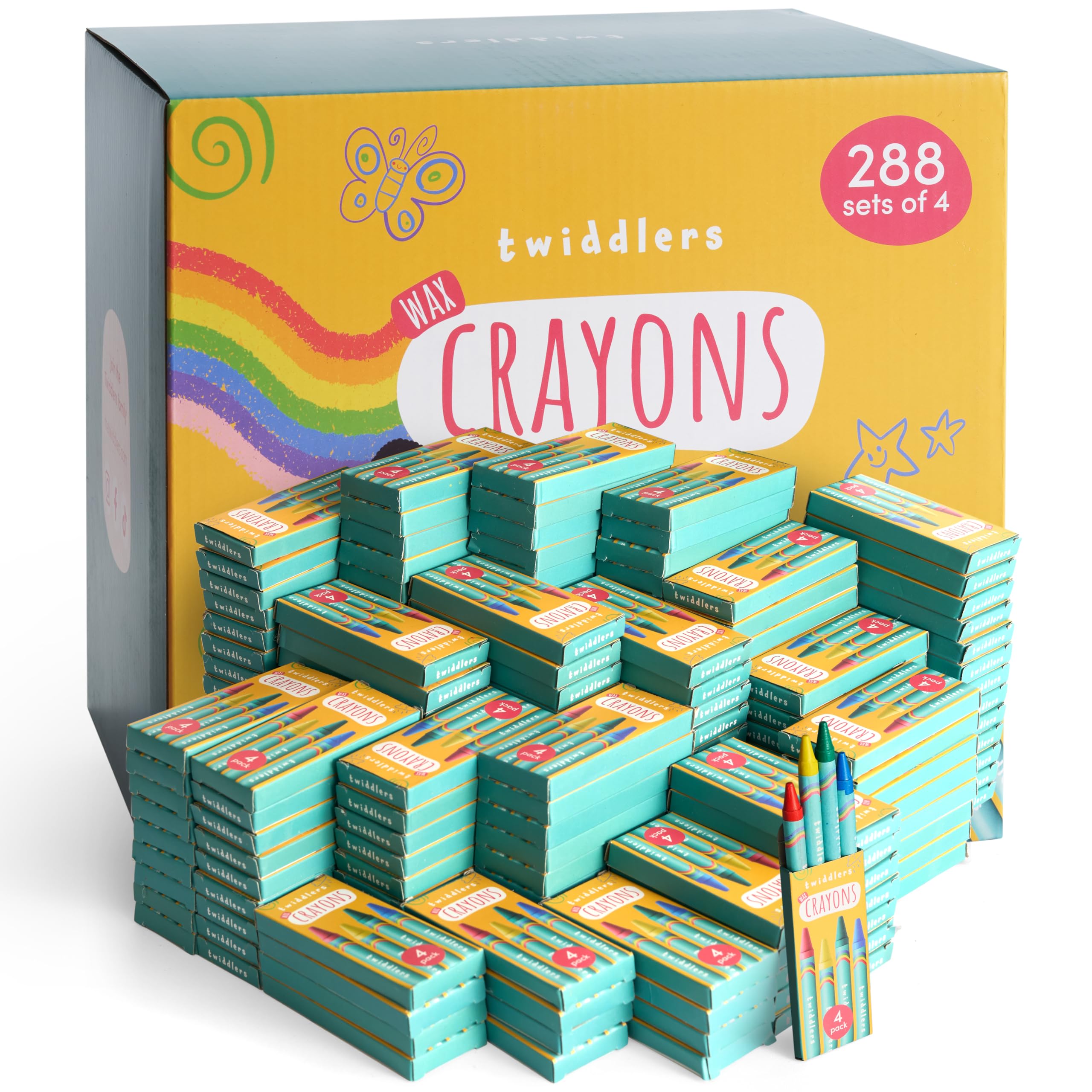 THE TWIDDLERS 288 Boxes of Wax Crayons for Kids - 4 Per Box, 1,152 Total - Bulk Kids Crayons, Mixed Coloured Packs, Perfect for School Classrooms, Restaurants Colouring Activity, Party Bag Fillers
