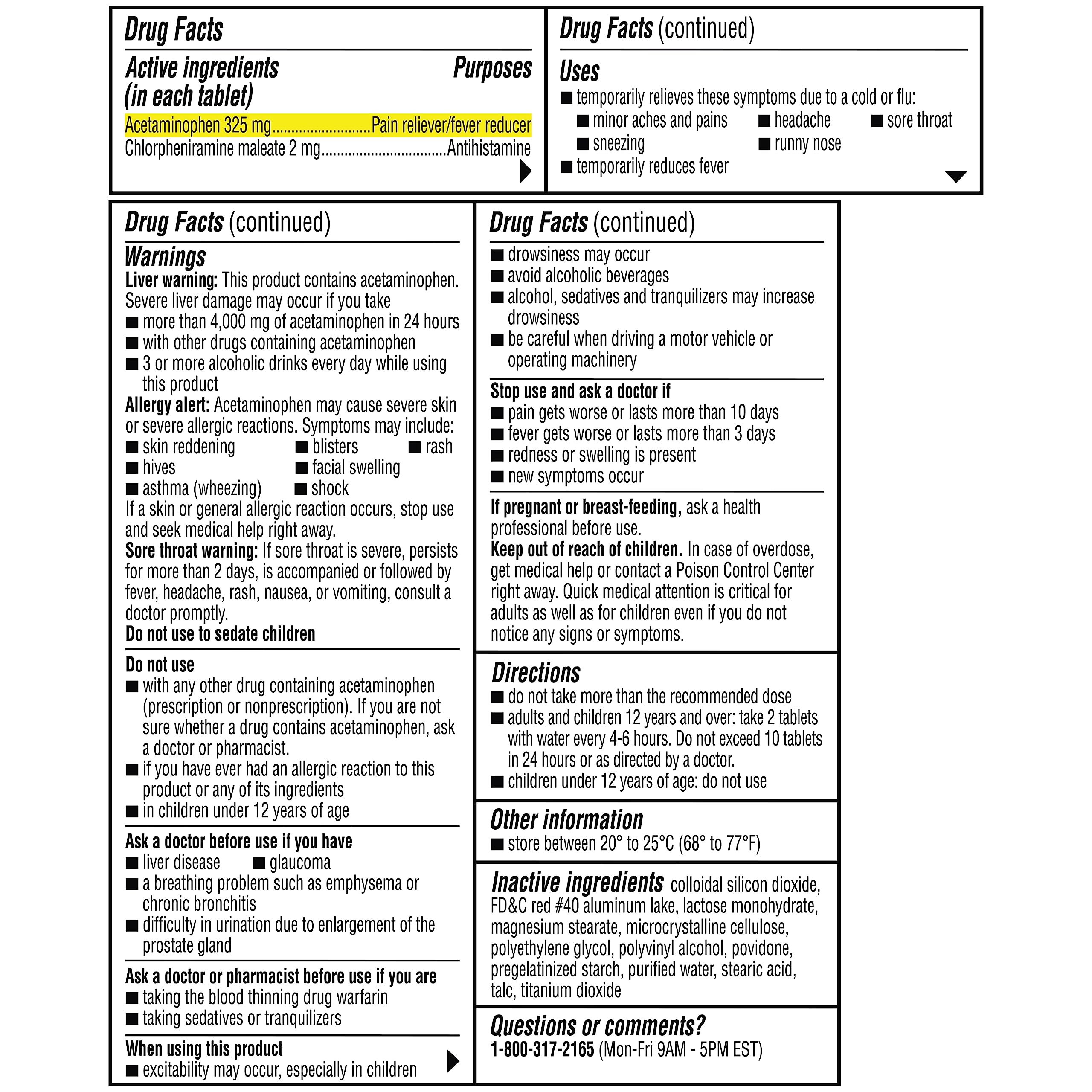 Coricidin HBP Decongestant-Free Cold & Flu Medicine for Hypertensives, Cold & Flu Symptom Relief for People with High Blood Pressure, 325 mg Acetaminophen Tablets (20 Count), Multicolor (533815)