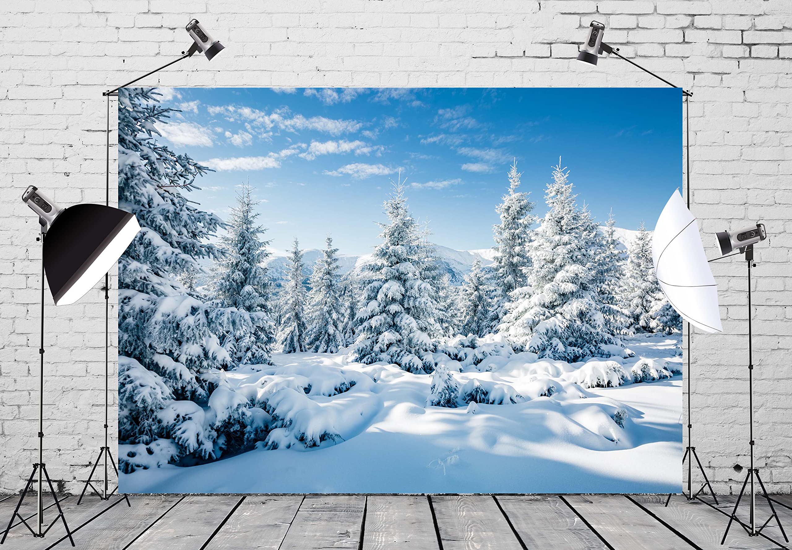 BELECO 4.5x3m Fabric Winter Snow Forest Backdrop White Xmas Trees Wintry Scene Alps Photography Background for Christmas New Year Event Party Decorations Banner Holiday Photo Background Photo Props