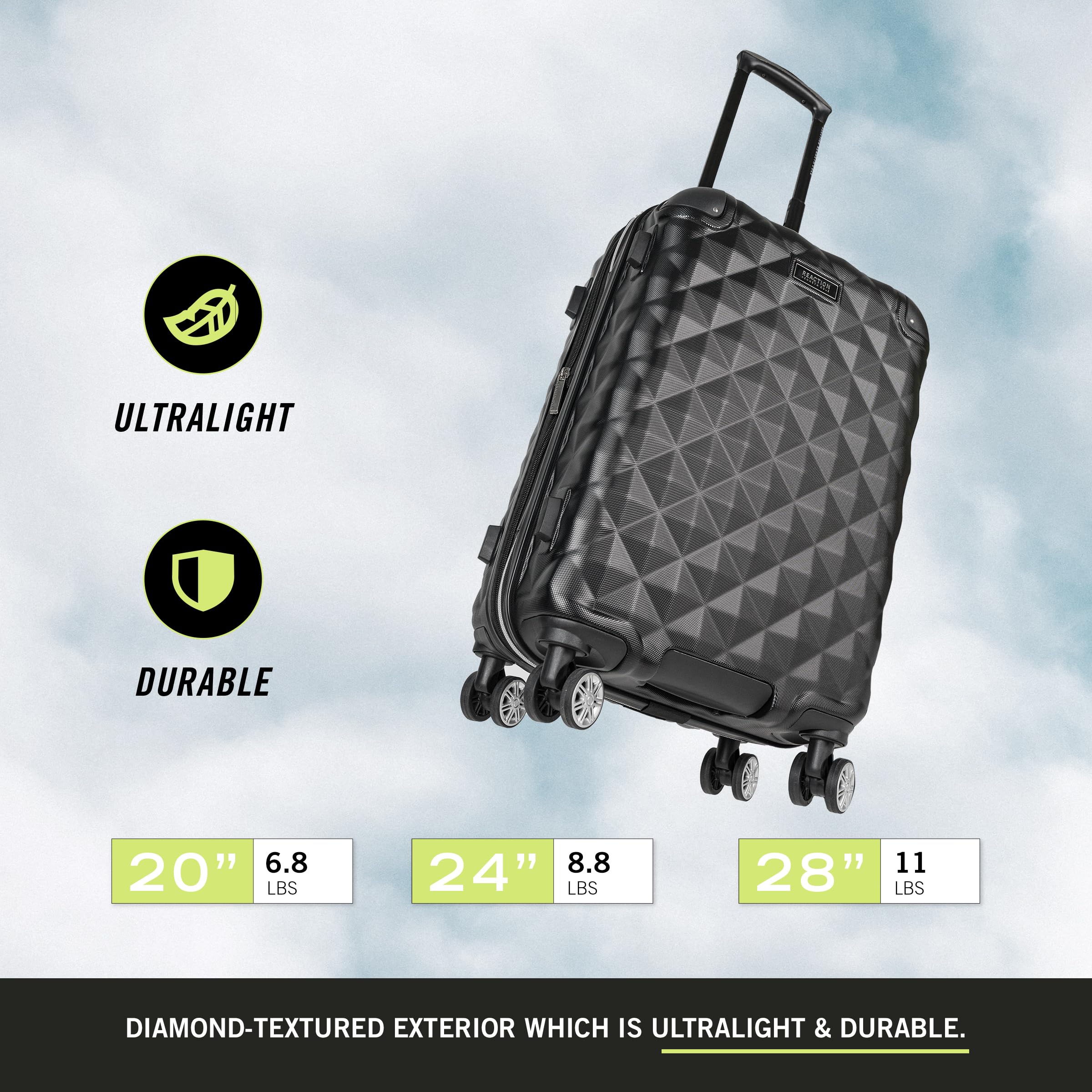 Kenneth Cole REACTION Diamond Tower Collection Lightweight Hardside Expandable 8-Wheel Spinner Travel Luggage, Black, 28-Inch Checked