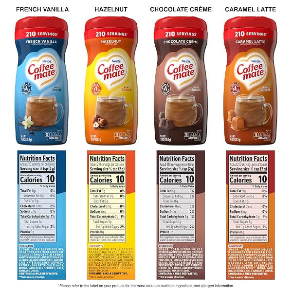 NESTLE COFFEE MATE FLAVORED CREAMER 4 PACK VARIETY PACK (15 OZ BOTTLES) – CHOCOLATE CRÈME, FRENCH VANILLA, HAZELNUT, CARAMEL LATTE