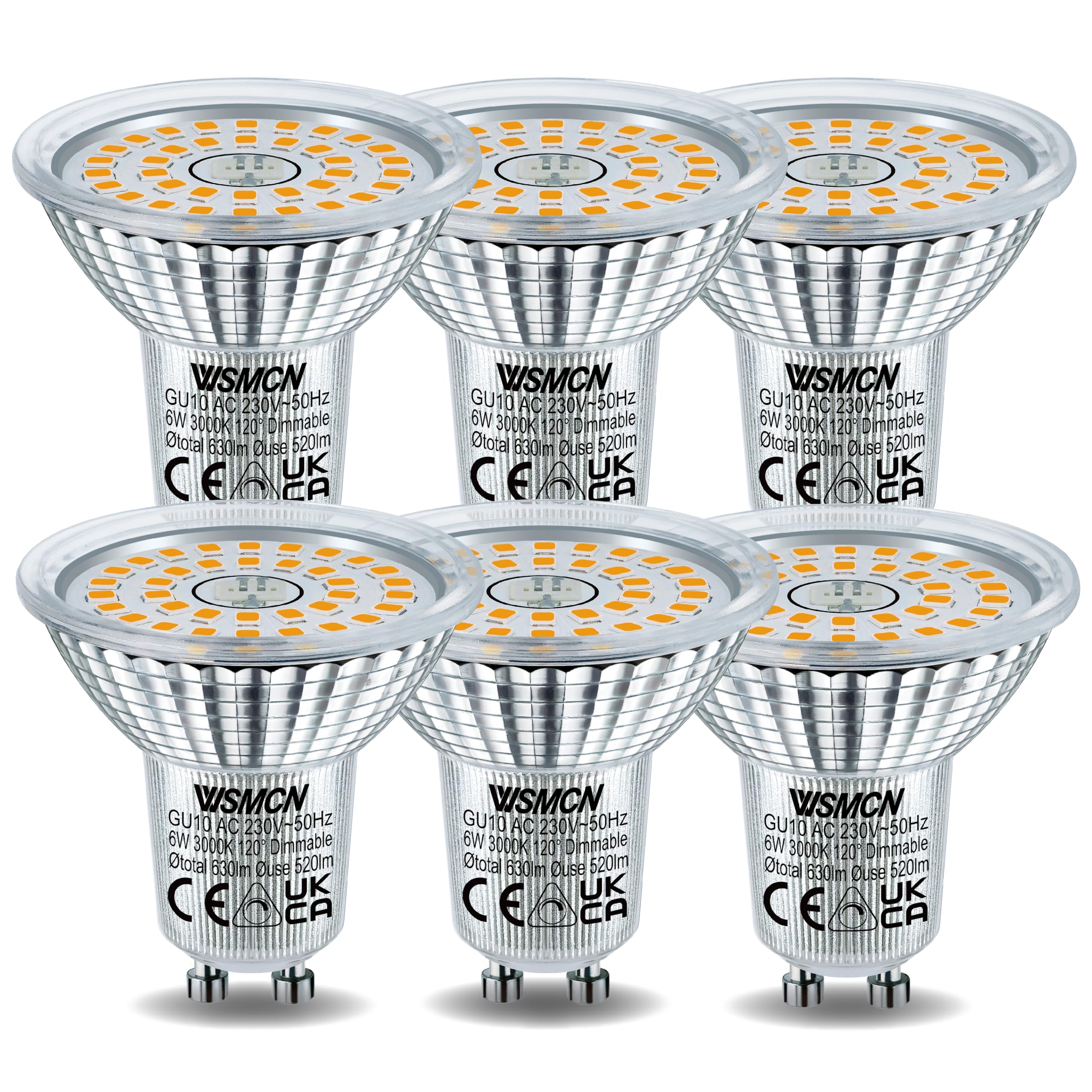 WSMCN GU10 LED Bulbs Dimmable 6W, Warm White 3000K 520LM, 70W PAR16 Halogen Equivalent, Beam Angle 120°, Flicker-Free Spotlight, Pack of 6
