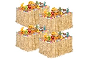 Aodaer 4 Pack Paper Luau Grass Table Skirt with Hibiscus Flowers 9 Feet x 30 Inch Raffia Style Hawaiian Table Skirt Rectangle Tropical Luau Party Decorations for Summer Beach Party, Straw