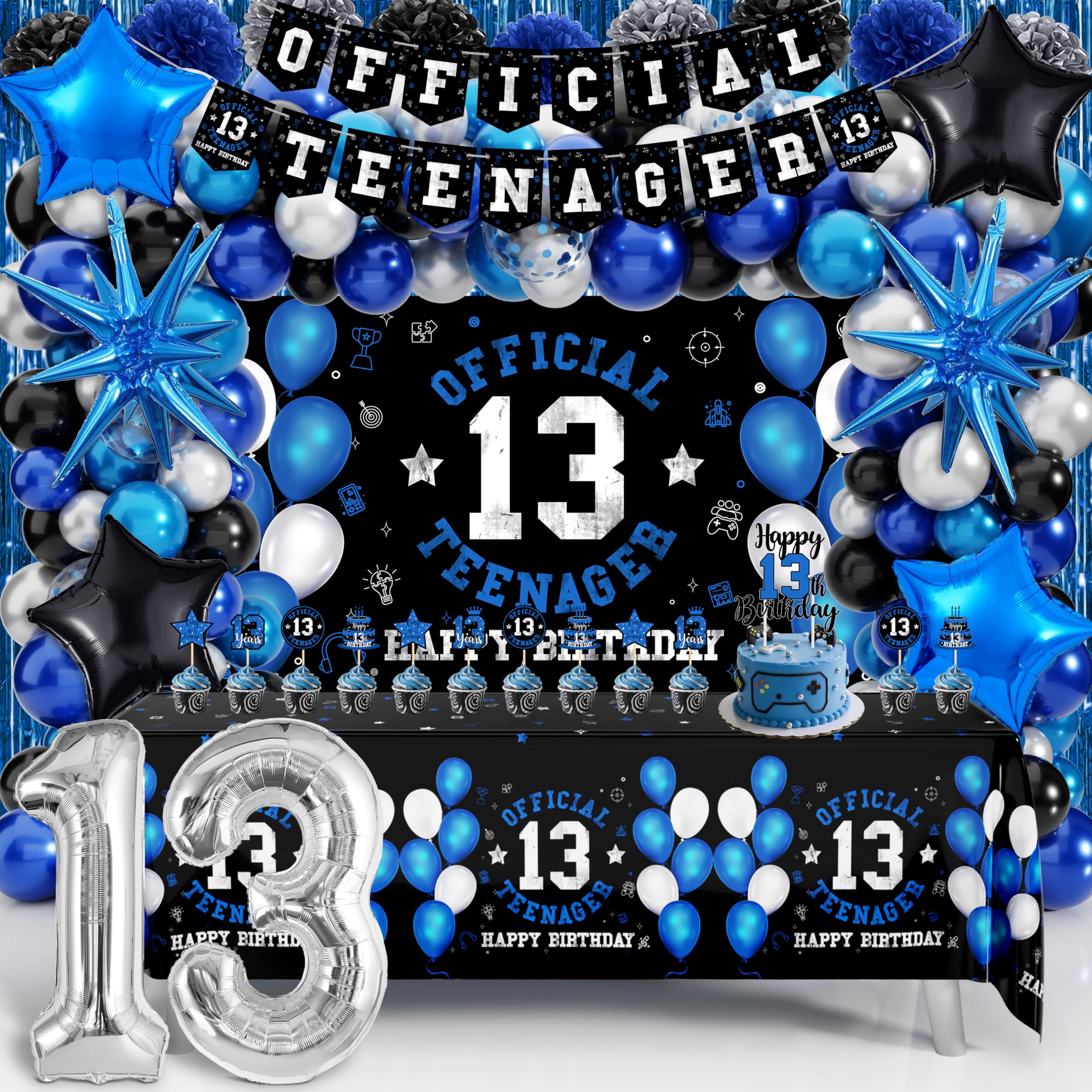 Photo 1 of 13th Birthday Decorations for Boys, Official Teenager Happy 13th Birthday Decor with Banner Backdrop Tablecloth & Number 13 Balloon Arch Kit for 13 Year Old Birthday Party Supplies(Black Blue)