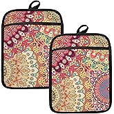HUGANE Colorful Abstract Mandala Floral Pot Holders for Kitchen, Boho Vibrant Ethnic Flower Botanical Heat Resistant Hot Pads and Oven Mitts for Baking Cooking
