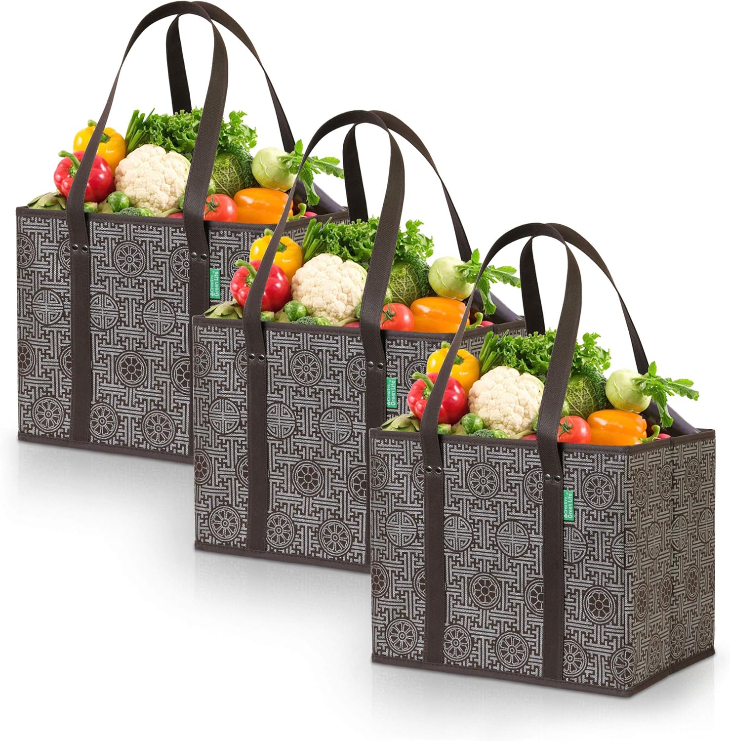 Reusable Grocery Shopping Box Bags (3 Pack - Coffee). Large, Premium Quality Heavy Duty Tote Set with Extra Long Handles & Reinforced Bottom. Folding, Collapsible, Durable and Eco Friendly