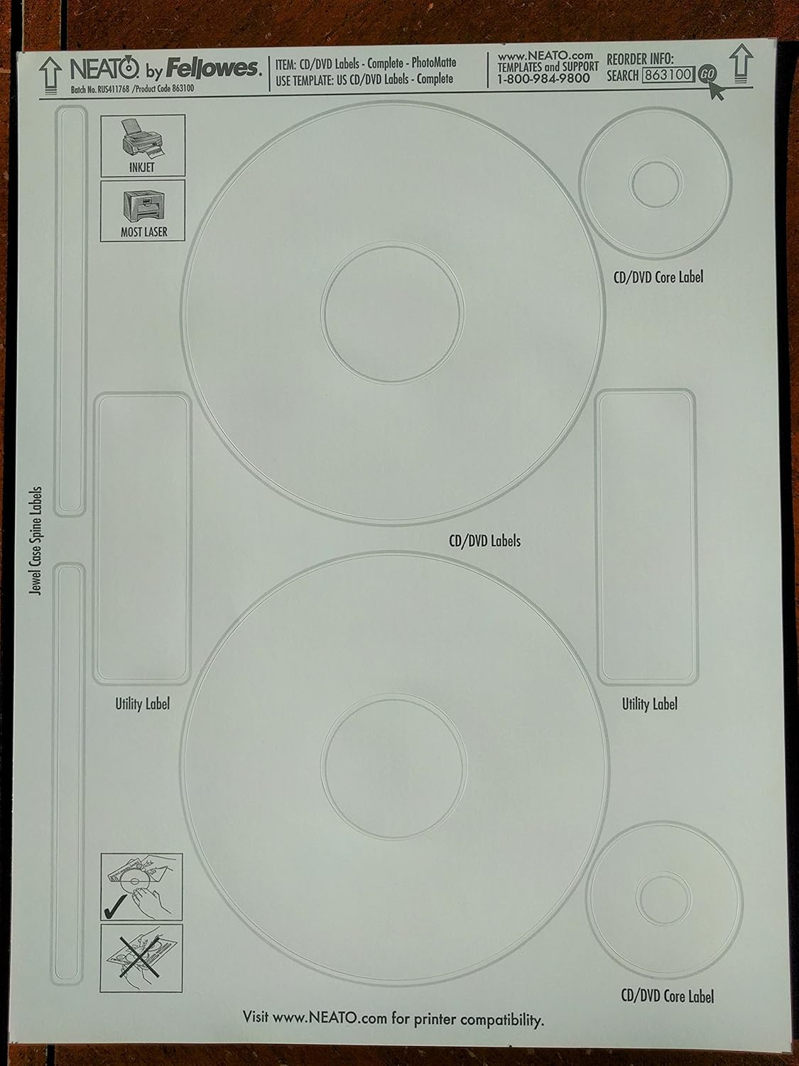 NEATO CD Labels - DVD Labels - for Inkjet and Laser Printers - PhototMatte - Printable Photo Quality Finish - 50 Blank Sheets - Makes 100 CD or DVD Sticker Labels - CD/DVD Labeling Software Included