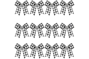 WILLBOND 12 Pieces Buffalo Plaid Bows Burlap Decorative Velvet Bows for Wreaths for Gift Wrap Christmas Party Decoration(Black and White,6 x 6 Inch)