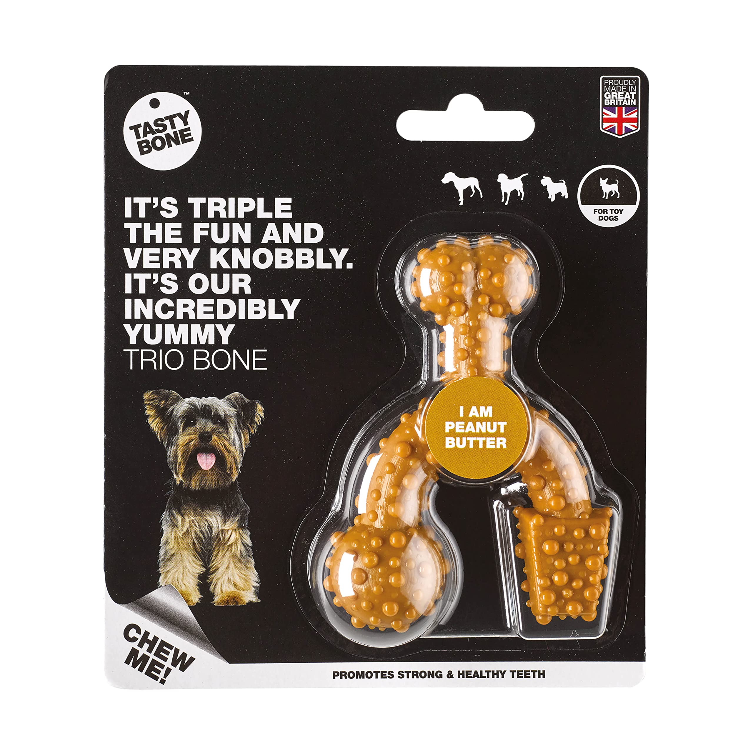 TastyBone TrioBone Nylon Dog Chew Toy for Toy Dogs (Peanut Butter) - Indestructible for Aggressive Chewers, Everlasting Flavour, Strong Healthy Teeth, Made in the UK