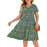 Younrui Women's Plus Size Casual Summer Tiered Dresses Short Sleeve Scoop Neck Ruffle Hem Loose Fitting Midi Babydoll Dress