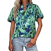 MASCOMODA Boho Short Sleeve Floral Work Blouses for Women Dressy Casual V Neck Puff Sleeve Loose Chiffon Flowy Tops Shirts