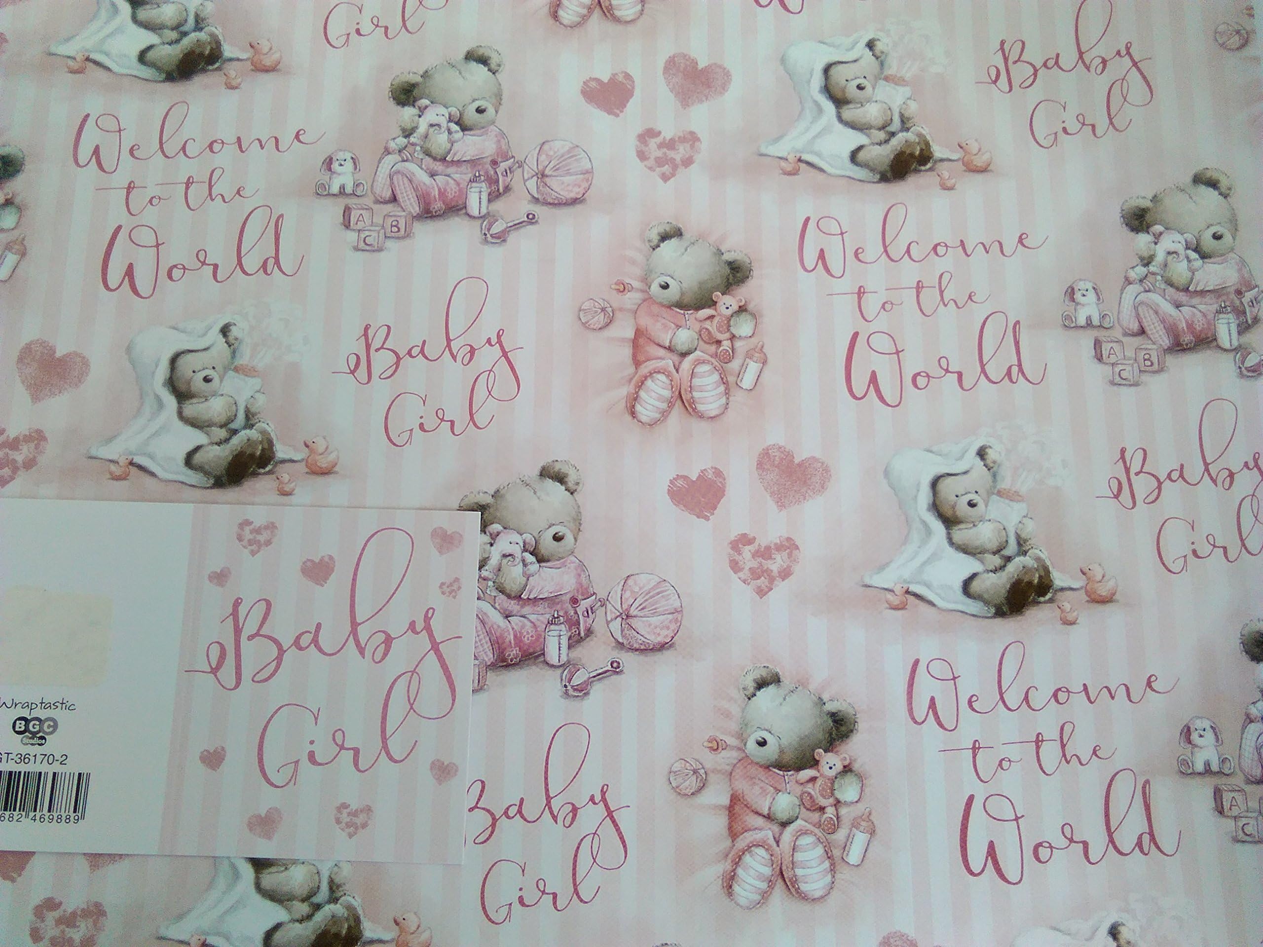 Pink/White Teddies/Hearts Welcome To The World Baby Girl New Baby/Baby Shower Gift Wrapping Paper + Gift Tag - 2 Sheets Wrapping Paper + 1 Gift Tag (BGC)