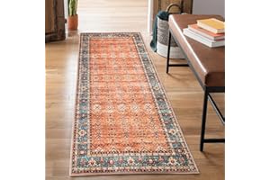 Bloom Rugs Washable Non-Slip 7 ft Runner - Orange/Teal Blue Traditional Bordered Runner for Entryway, Hallway, Bathroom, and Kitchen - Exact Size: 2.5' x 7'
