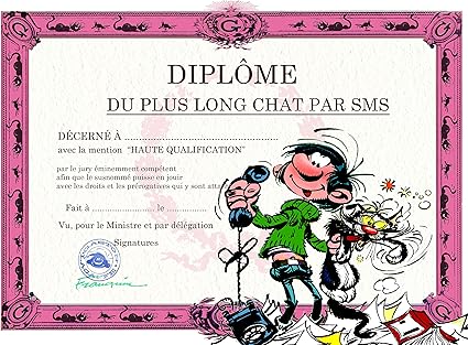 Gaston Lagaffe Gldp 7022 Carte Double Avec Enveloppe Diplome Du Plus Long Chat Par Sms Telephone Portable Texto Message Chat Pour Un Bavard Une Bavarde Amazon Fr Fournitures De Bureau