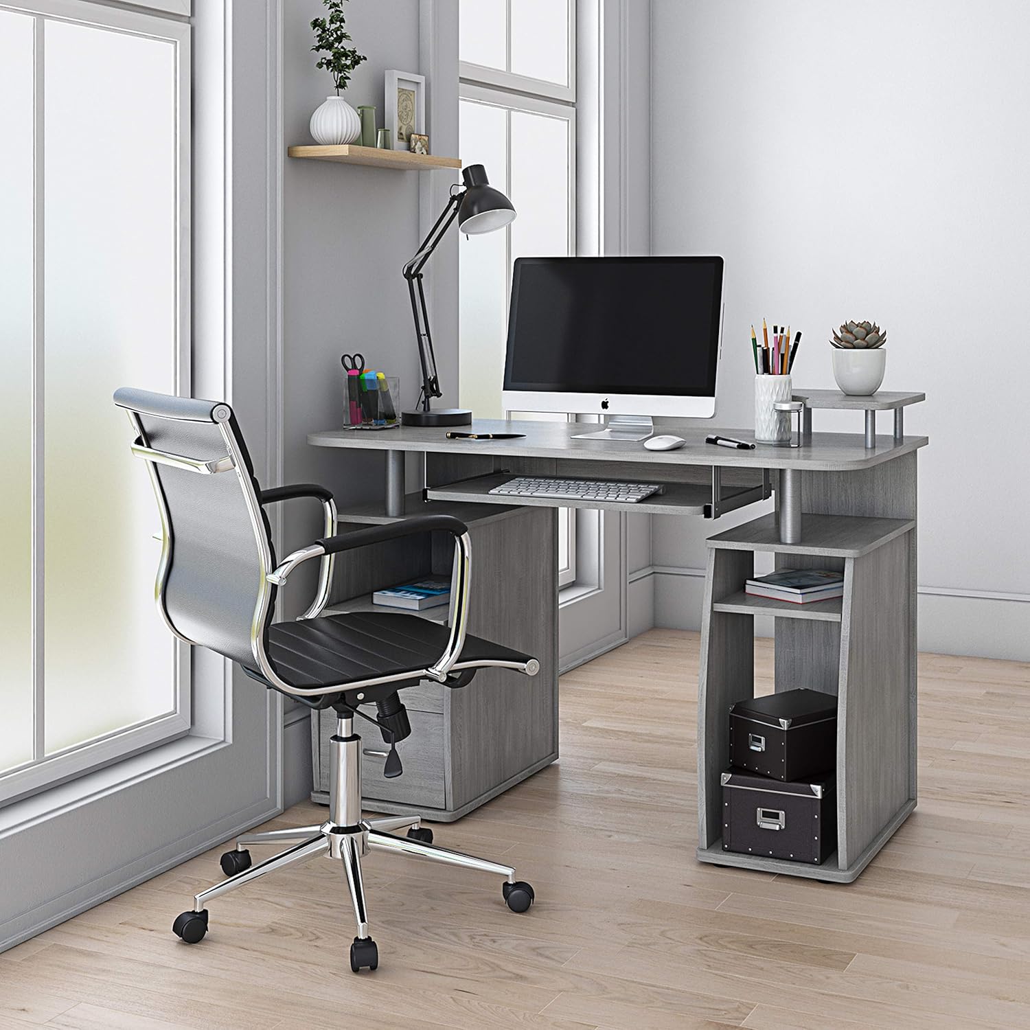 Techni Mobili Komplett Computer Workstation Schreibtisch Mit Aufbewahrung Grau Amazon De Burobedarf Schreibwaren