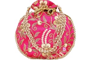 EKAVYA Potli Bag for Women Ethnic Gold, Pearl Handle Floral Accents, Drawstring Closure Pearls Handle Batwa Clutch Purse