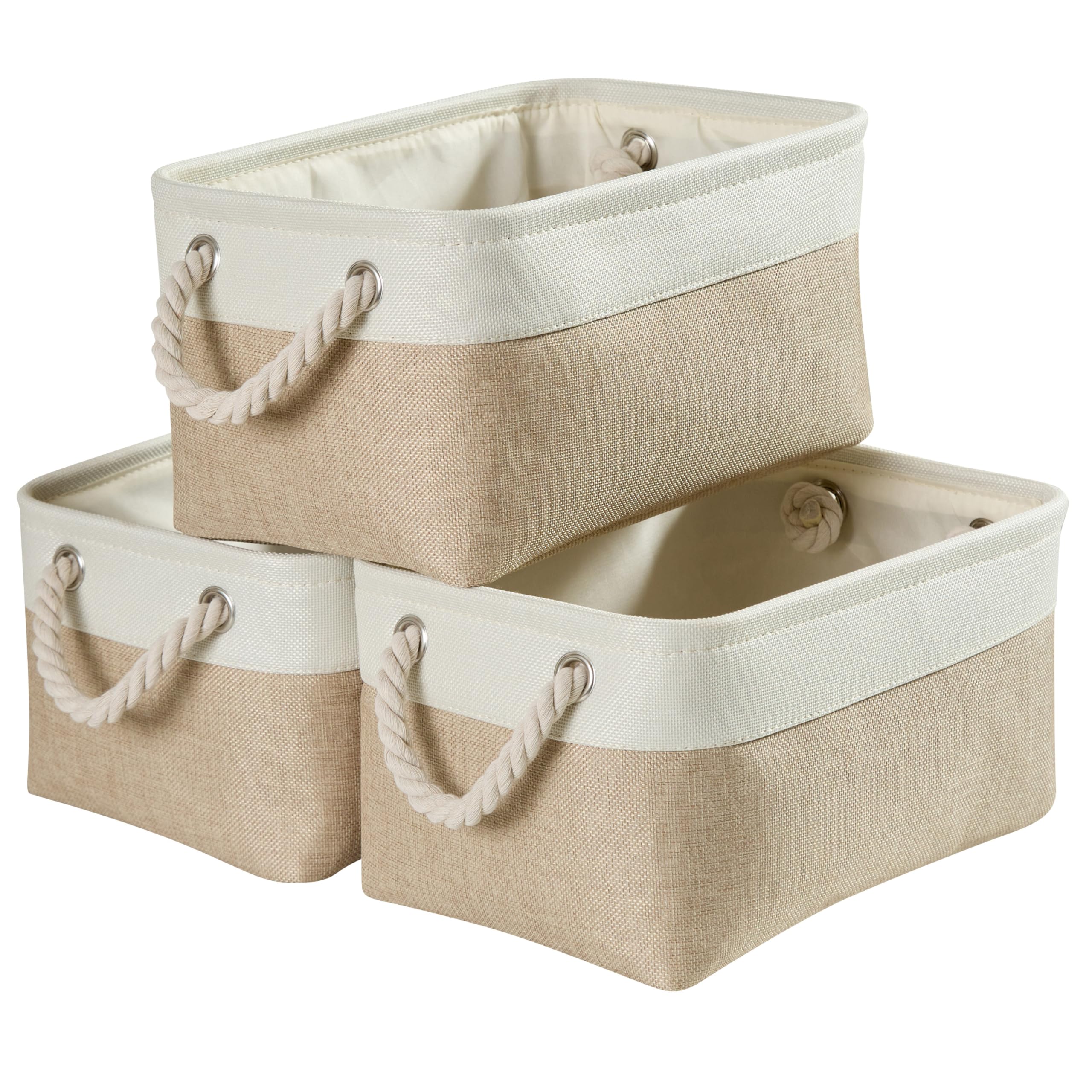 Mangata Large Storage Box set of 3, Fabric Storage Baskets with Handles for Cupboards, Wardrobe, Shelves, Bathroom, Clothes, Toys, Towel (38x28x24 cm, Khaki White)