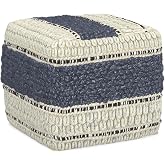 SIMPLIHOME Grady 18" Wide Square Pouf in Blue/Natural Wool and Cotton | Contemporary footstool, extra seating for living room with polystyrene bead filling, assembled; floor cushion or accent seat.