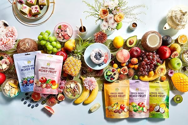SUNGIVEN FREEZE-DRIED FRUIT PARTY WITH 10+ FRUITS, MIXED FRUITS VARIETY PACK OF 5 BAG, 7.06 OZ, HEALTH SNACK, FRUIT CRISPS, FREEZE DRIED APPLE STRAWBERRY BERRIES LEMON COCONUT FIG MANGO PINEAPPLE, NO SUGAR ADDED, MADE WITH 100% FRUIT