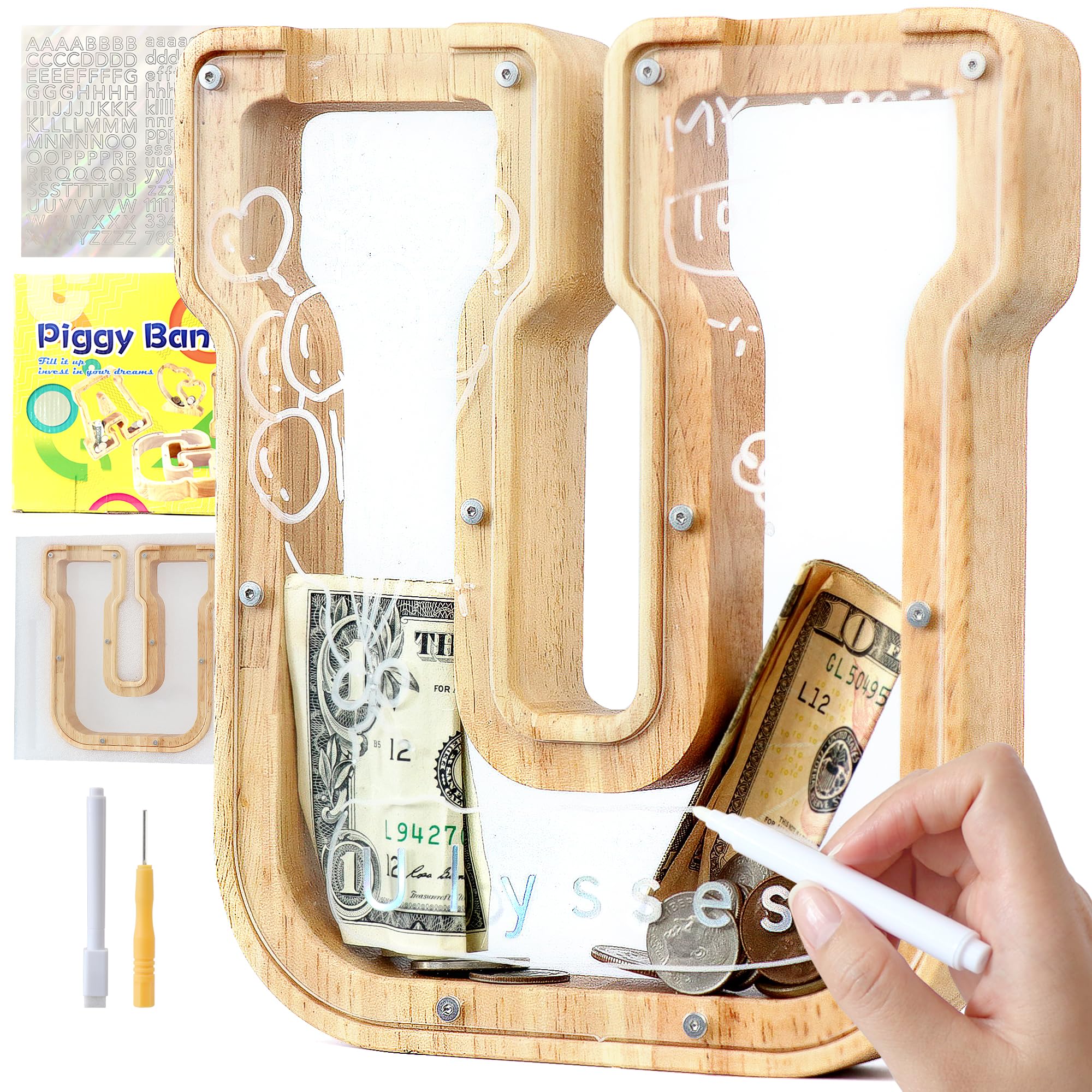 Mikytoper Letter Money Box for Kids Wooden Personalized A-Z Alphabet Piggy Bank Clear Money Bank Coin Bank for Gift Decoration Baptism (U)