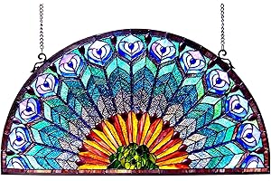 Chloe Lighting Regal Eudora Tiffany-Style Peacock Feather Glass Window Panel 35X18