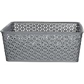 Whitmor Medium Woven Plastic Storage Basket with Built-In Handles, Gray | Ventilated woven organizer bin for closets, shelves, bedrooms, kitchens &amp; bathrooms; durable design with easy-carry handles.