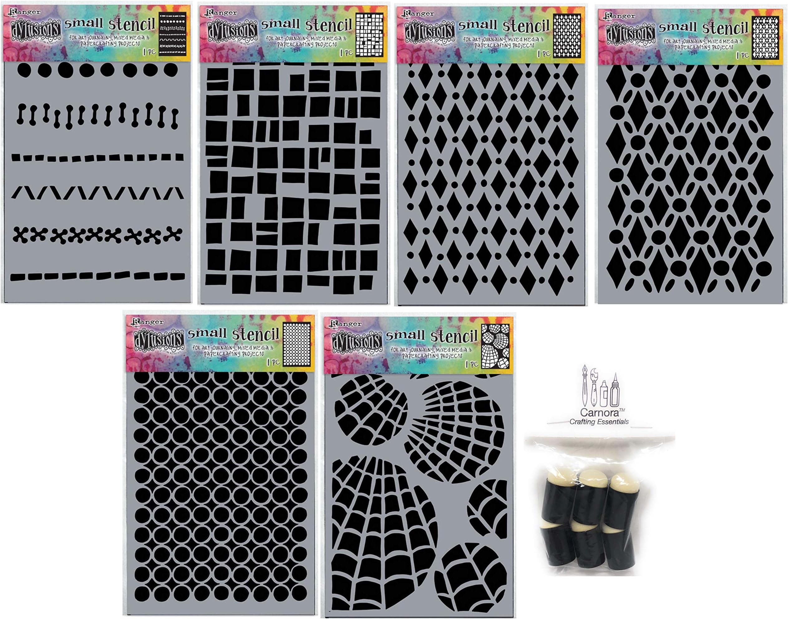 Ranger Dylusions by Dyan Reaveley 2020 Small 5x8 Stencil Set - A Stitch in Time, Betsys Block, Court Jester, Fancy Floor, Marthas Mat, Otis Orbs, 6 Carnora Daubers - Bundle of 12 Items