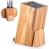 Acacia Wood Angled Knife Block with Multi-Purpose Holder &ndash; Universal Kitchen Knife Storage with Removable Bristle Insert (golden to medium brown, large)